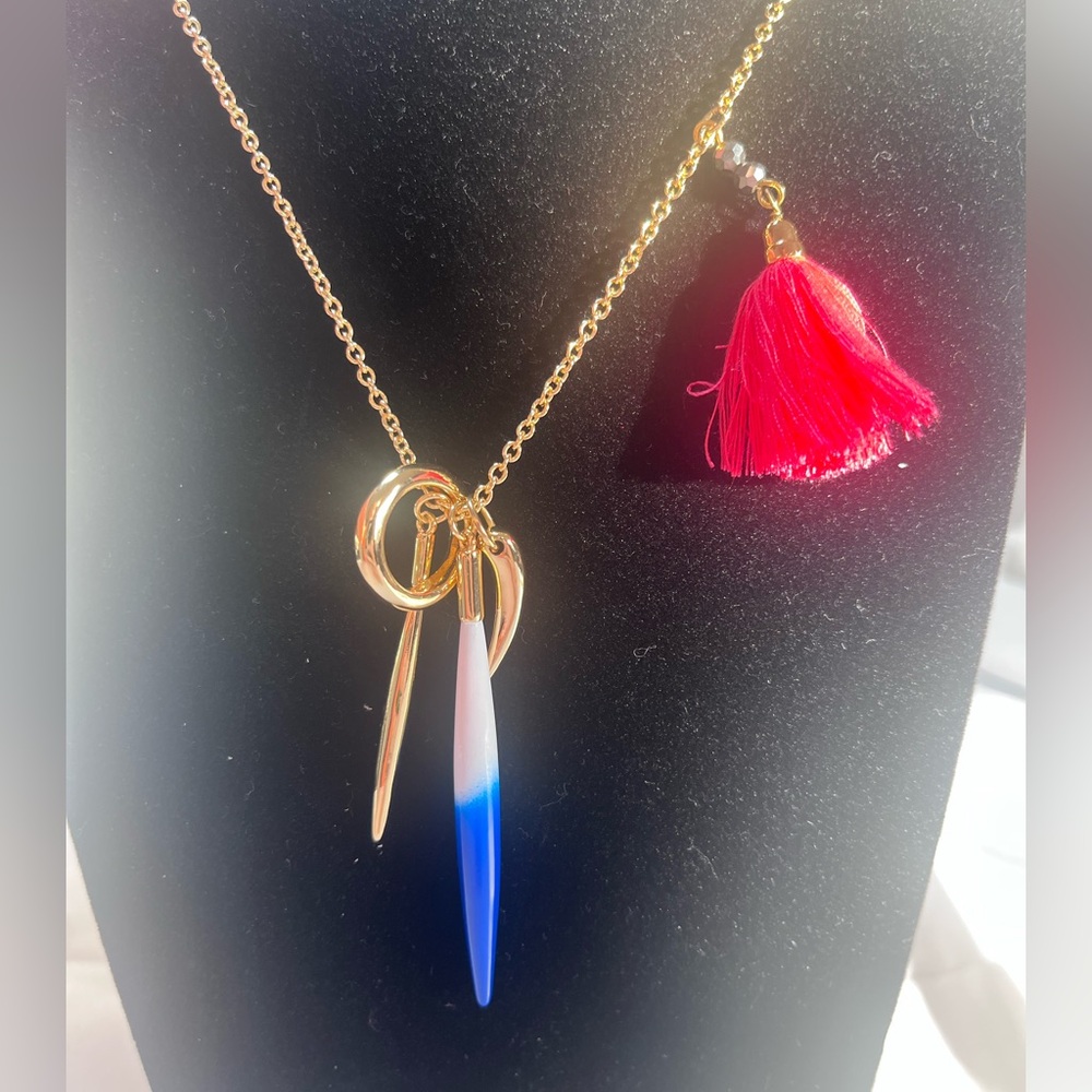 Vince Camuto Gold Necklace with Blue-White Spike and Hot Pink Tassel